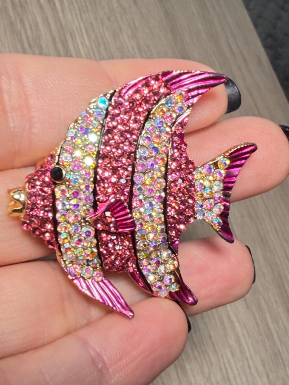 Tropical Fish Brooch Pink and White Striped Rhinestones Pin 1.75 inches